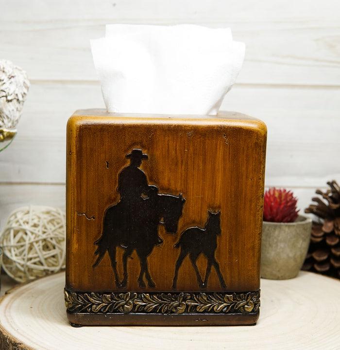 Rustic Western Cowboy With Horse And Foal Faux Wood Tissue Box Cover Home Decor