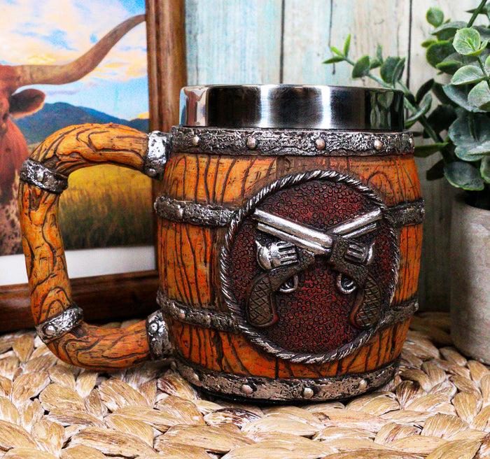 Rustic Western Crossed Dual Revolver Pistol Guns In Faux Wood Bourbon Barrel Mug