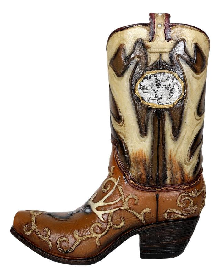 Rustic Western Deer Antlers And Stag Bust Cowboy Floral Art Boot Vase Sculpture