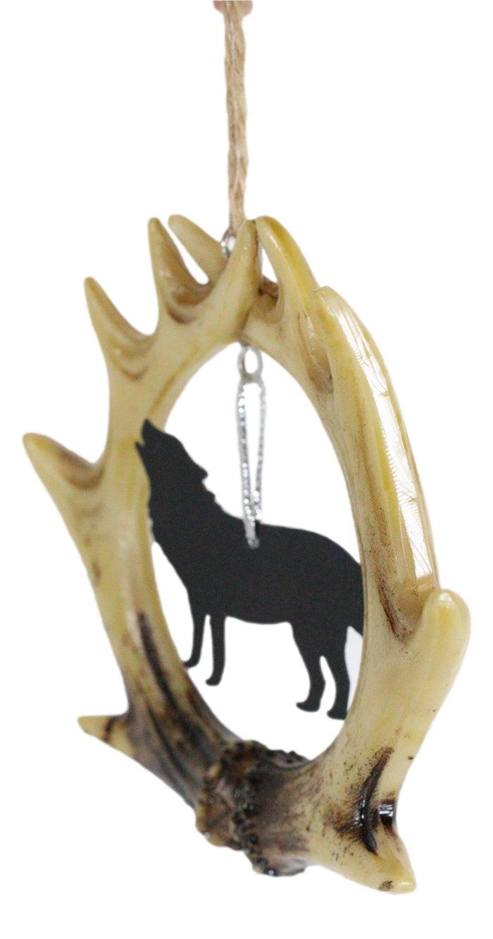 Rustic Western Deer Antlers Howling Gray Wolf Set Of 2 Christmas Tree Ornaments