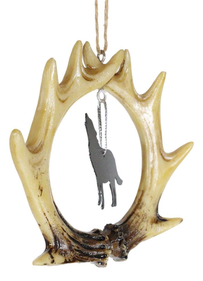 Rustic Western Deer Antlers Howling Gray Wolf Set Of 2 Christmas Tree Ornaments