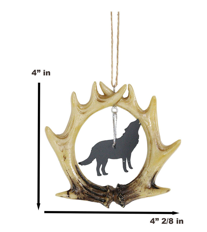 Rustic Western Deer Antlers Howling Gray Wolf Set Of 2 Christmas Tree Ornaments