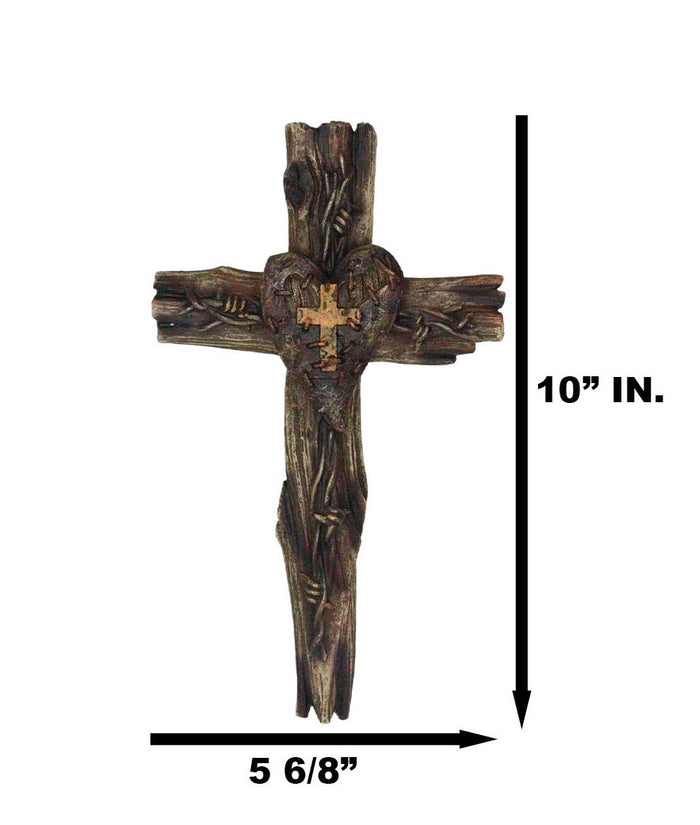 Rustic Western Distressed Faux Wooden Barbed Wires With Heart Plaque Wall Cross