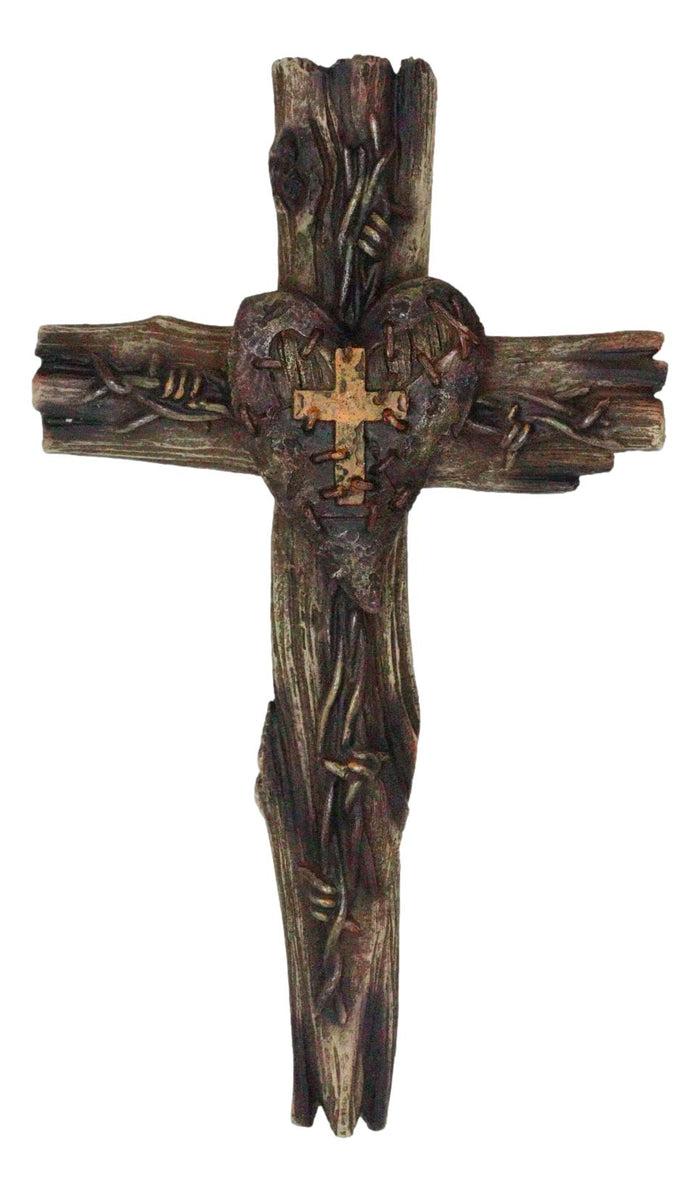 Rustic Western Distressed Faux Wooden Barbed Wires With Heart Plaque Wall Cross