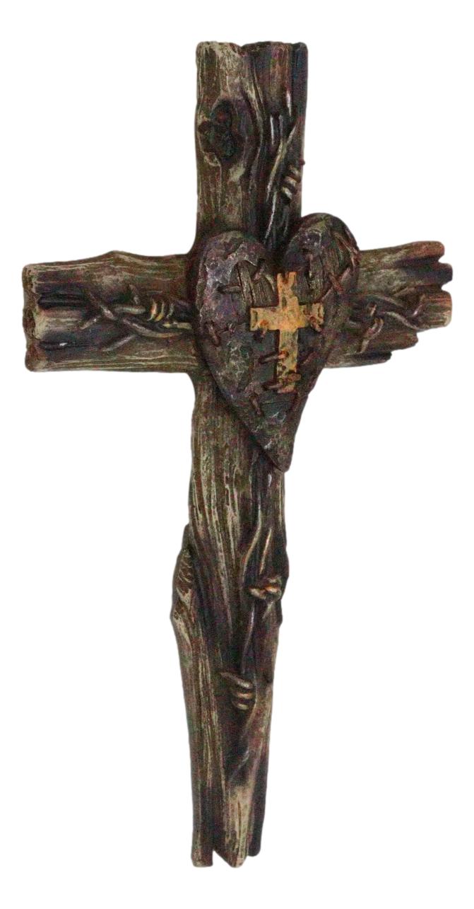 Rustic Western Distressed Faux Wooden Barbed Wires With Heart Plaque Wall Cross