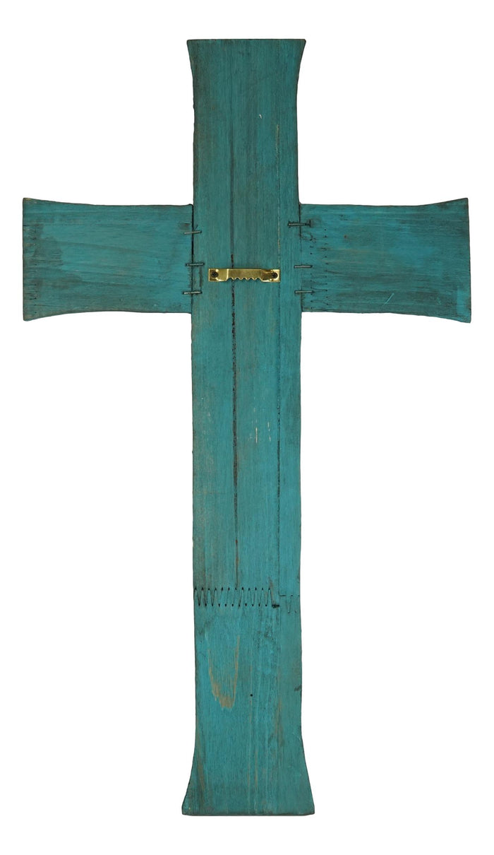 Rustic Western Distressed Wood Turquoise Blue Faux Antler Bone Crowns Wall Cross