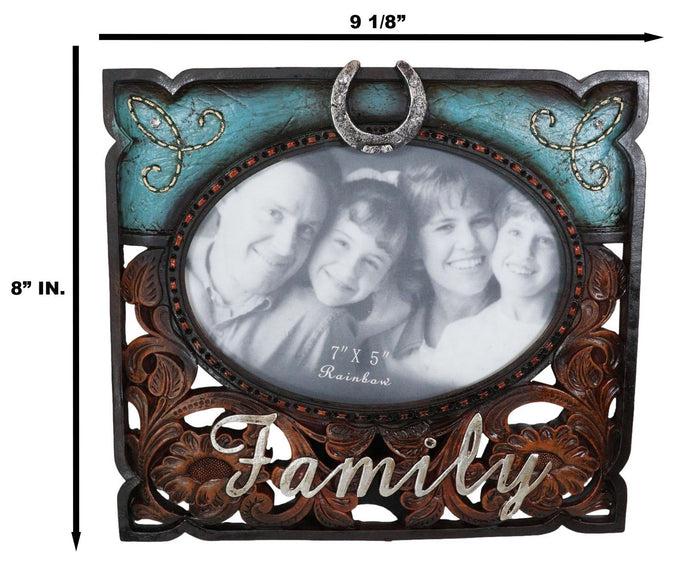 Rustic Western Family Horseshoe Turquoise Faux Tooled Leather 5X7 Picture Frame