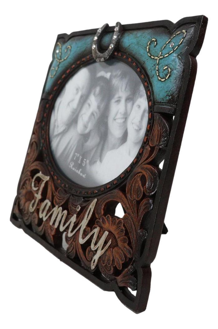Rustic Western Family Horseshoe Turquoise Faux Tooled Leather 5X7 Picture Frame