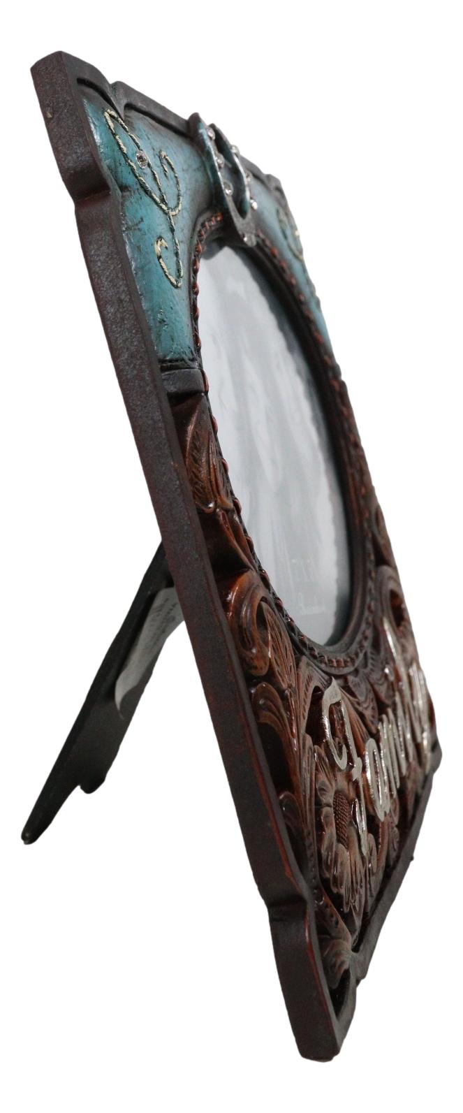 Rustic Western Family Horseshoe Turquoise Faux Tooled Leather 5X7 Picture Frame