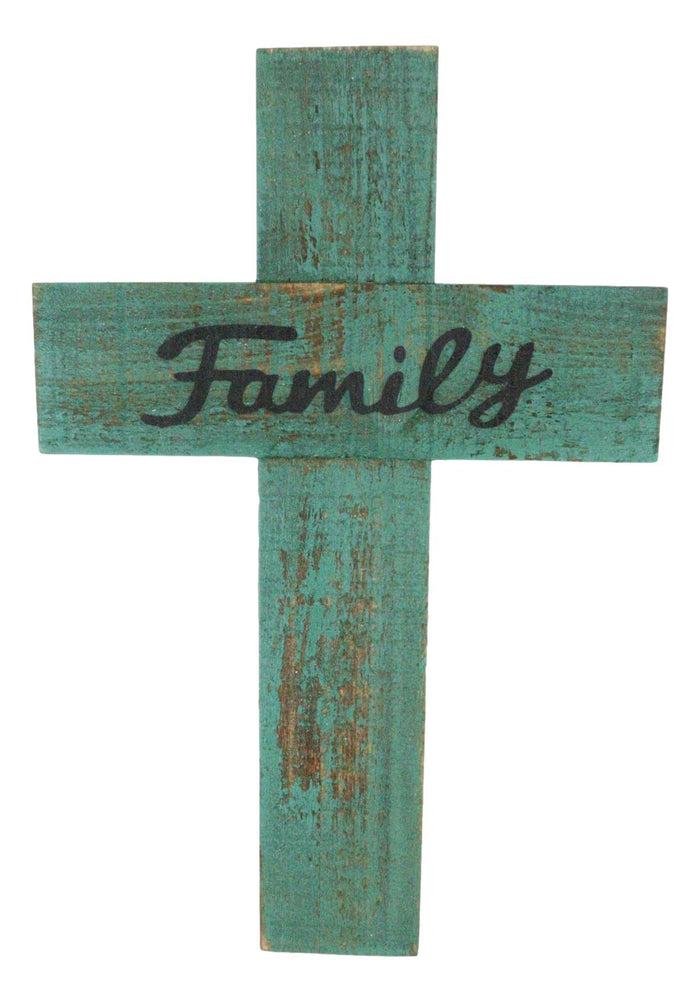 Rustic Western Family Vintage Green Distressed Wood Wall Cross Decor Plaque