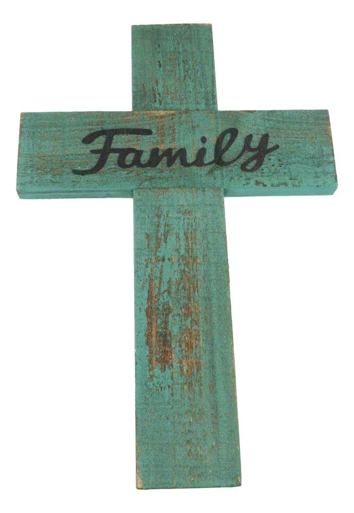 Rustic Western Family Vintage Green Distressed Wood Wall Cross Decor Plaque