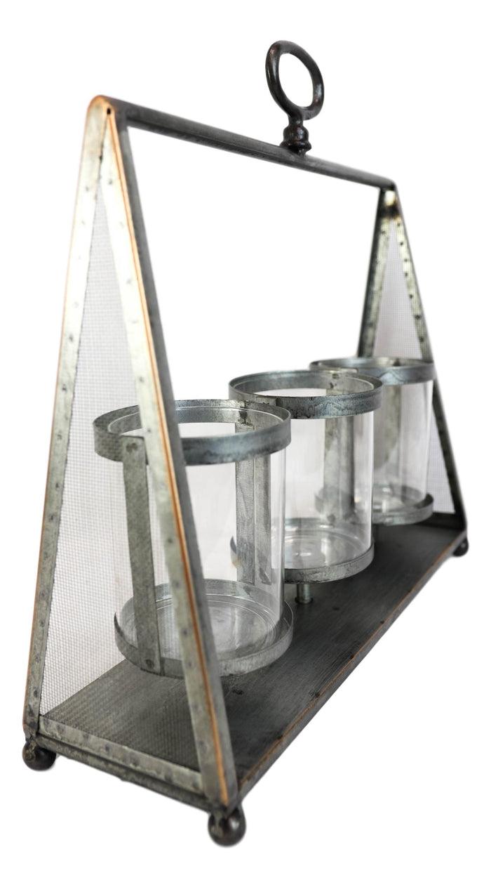 Rustic Western Farmhouse Galvanized Metal Triple Pillar Candleholder Trapezium