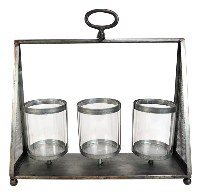 Rustic Western Farmhouse Galvanized Metal Triple Pillar Candleholder Trapezium