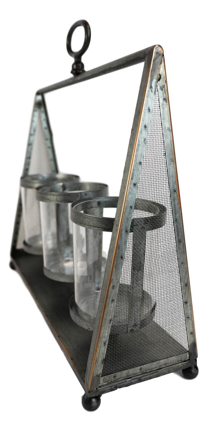 Rustic Western Farmhouse Galvanized Metal Triple Pillar Candleholder Trapezium