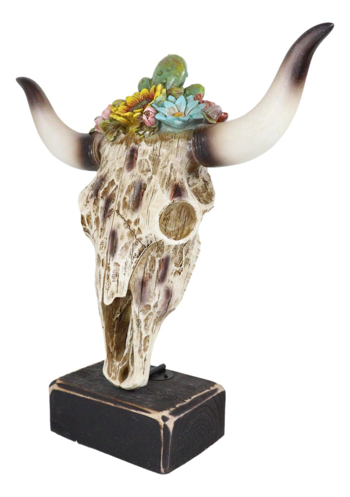 Rustic Western Faux Distressed Wood Bull Cow Skull With Floral Succulents Statue