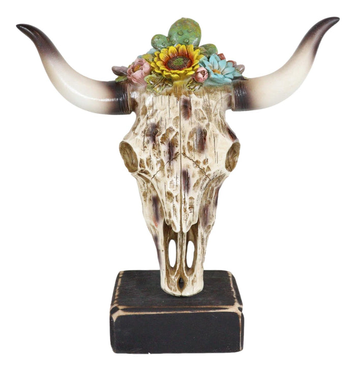 Rustic Western Faux Distressed Wood Bull Cow Skull With Floral Succulents Statue