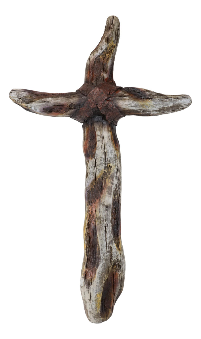 Rustic Western Faux Distressed Wood Trunks Inspirational Wall Cross Plaque 16"H