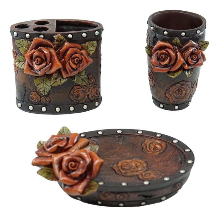 Rustic Western Faux Leather 3D Roses Tumbler Cup Soap Dish Toothbrush Holder Set