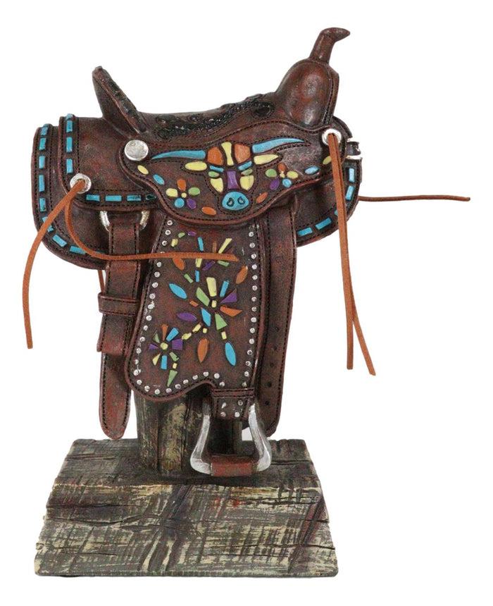 Rustic Western Faux Leather Cowboy Horse Saddle Longhorn Cow Pattern Figurine