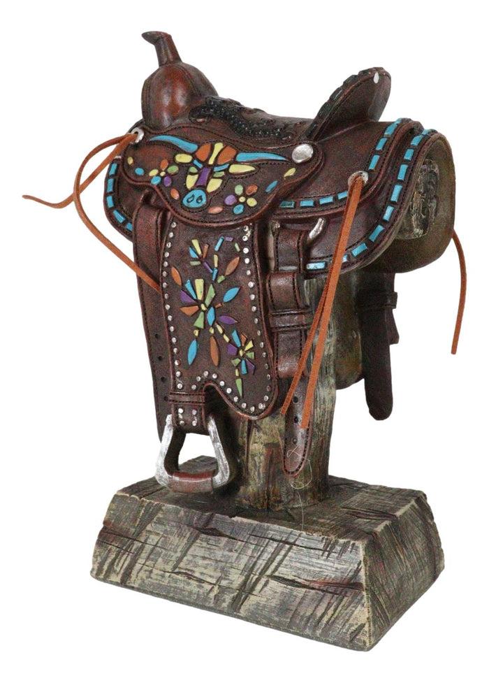 Rustic Western Faux Leather Cowboy Horse Saddle Longhorn Cow Pattern Figurine