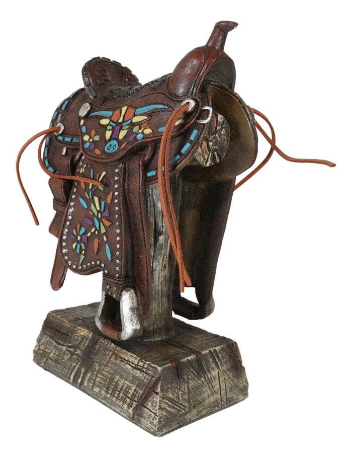Rustic Western Faux Leather Cowboy Horse Saddle Longhorn Cow Pattern Figurine