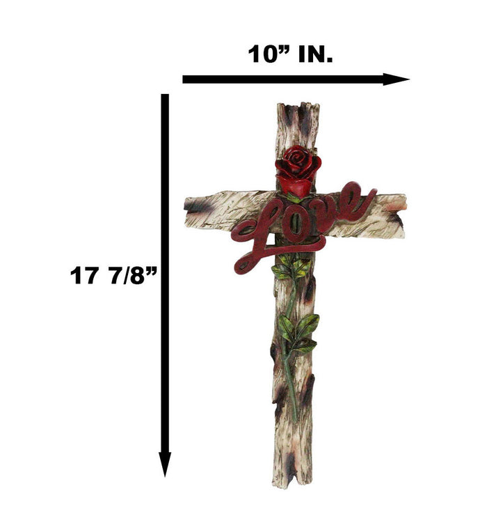 Rustic Western Faux Wooden Inspirational Love With Red Rose Stalk Wall Cross