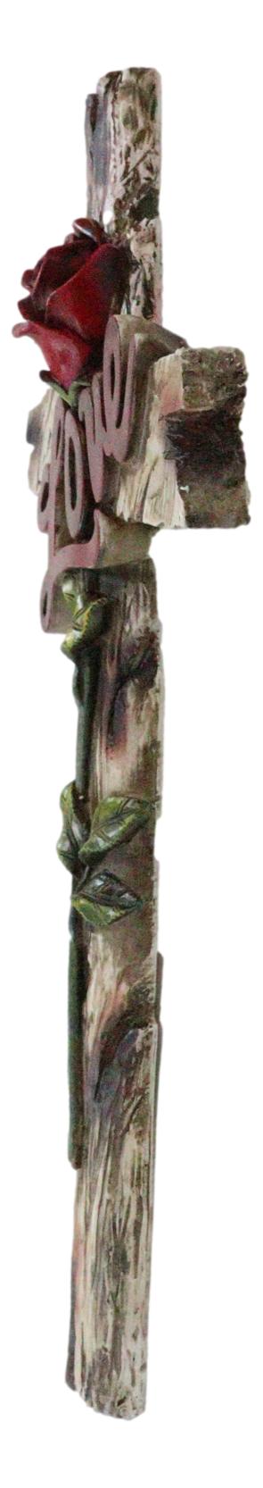 Rustic Western Faux Wooden Inspirational Love With Red Rose Stalk Wall Cross