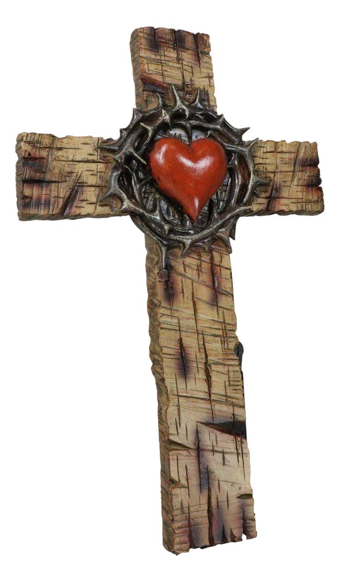 Rustic Western Faux Wooden Sacred Heart With Crown Of Thorns Decor Wall Cross