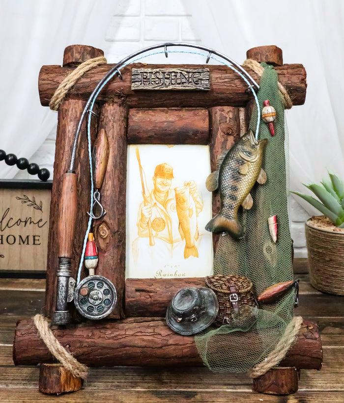 Rustic Western Fishing Angler Fisherman Rod Bass Fish Net 4X6 Picture Frame