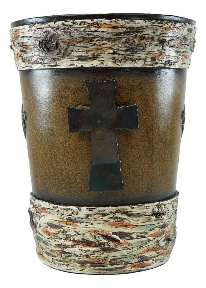 Rustic Western Fleur De Lis Cross With Birchwood Accent Waste Basket Trash Bin