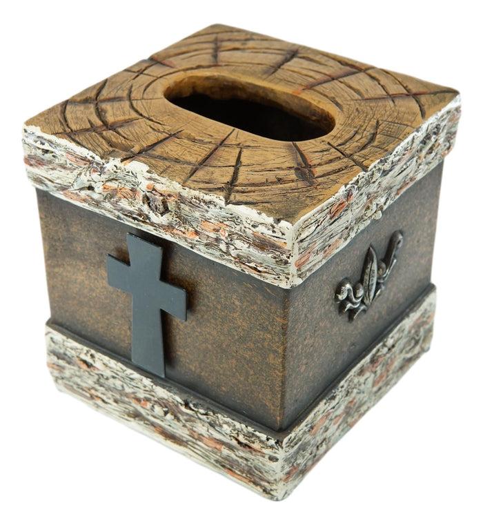 Rustic Western Fleur De Lis Cross With Birchwood Accent Tissue Box Holder Case