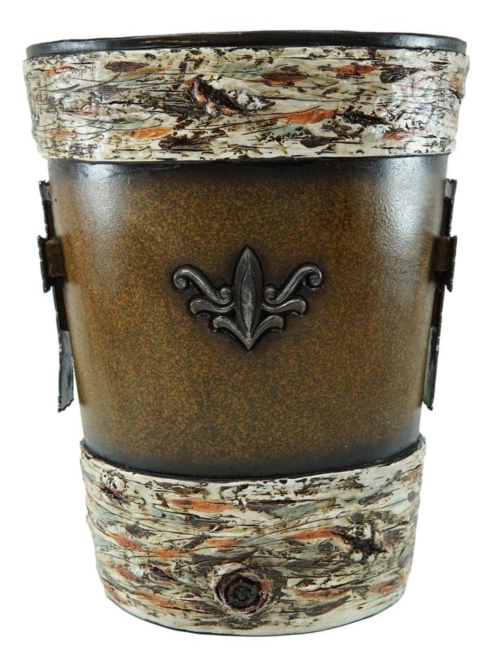 Rustic Western Fleur De Lis Cross With Birchwood Accent Waste Basket Trash Bin