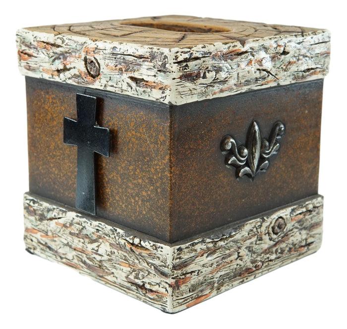 Rustic Western Fleur De Lis Cross With Birchwood Accent Tissue Box Holder Case