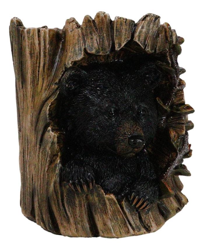 Rustic Western Forest Black Bear Hiding In Tree Trunk Decorative Figurine