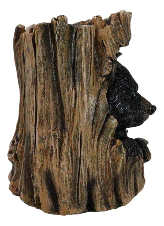 Rustic Western Forest Black Bear Hiding In Tree Trunk Decorative Figurine