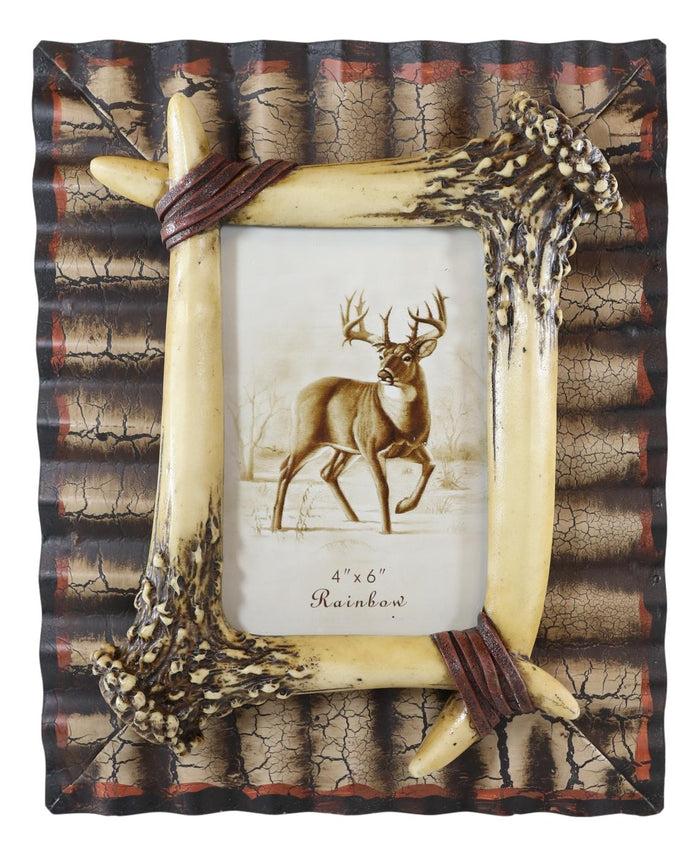 Rustic Western Galvanized Metal Buckhorn Stag Deer Antlers 4"X6" Photo Frame