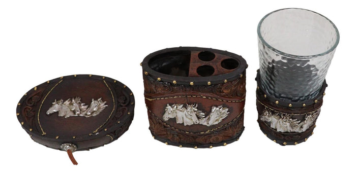 Rustic Western Horses With Faux Floral Tooled Leather 3 Pc Bathroom Vanity Set