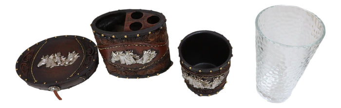 Rustic Western Horses With Faux Floral Tooled Leather 3 Pc Bathroom Vanity Set