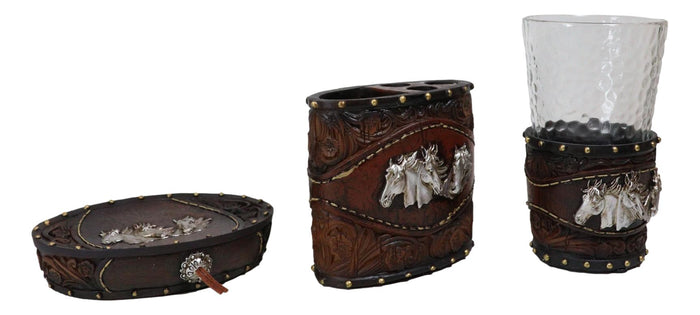 Rustic Western Horses With Faux Floral Tooled Leather 3 Pc Bathroom Vanity Set
