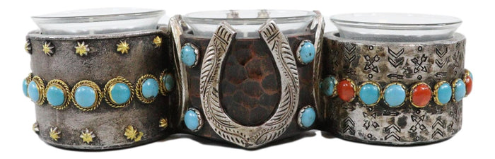 Rustic Western Horseshoe Turquoise Pebble Rocks 3 Votive Candles Holder Accent