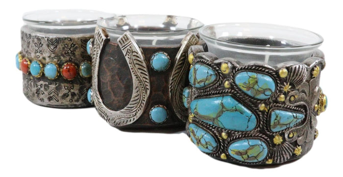Rustic Western Horseshoe Turquoise Pebble Rocks 3 Votive Candles Holder Accent
