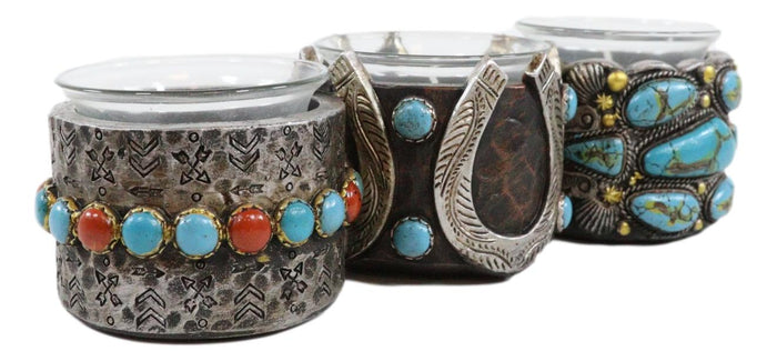 Rustic Western Horseshoe Turquoise Pebble Rocks 3 Votive Candles Holder Accent