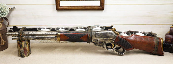 Rustic Western Hunter Rifle Gun 6 Votive Tea Light Glass Inserts Candle Holder