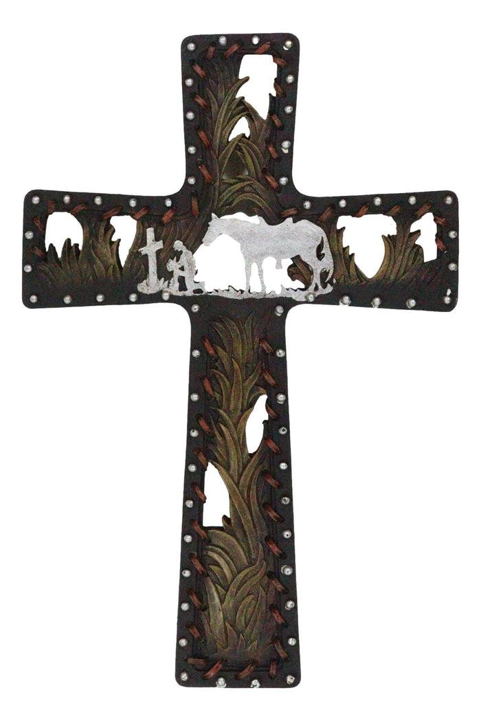 Rustic Western Kneeling Cowboy With Horse In Prayer Faux Leather Wall Cross