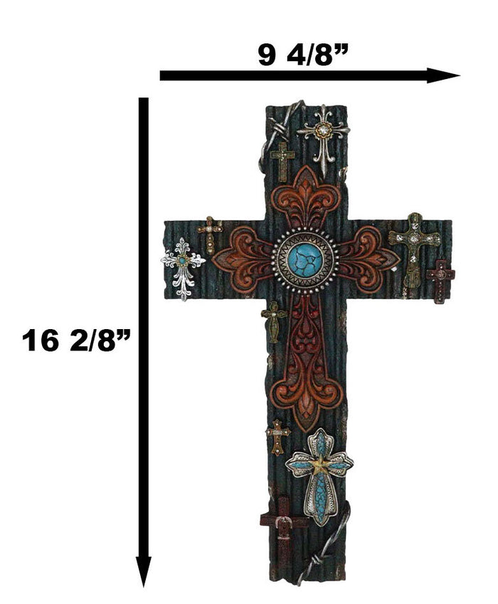 Rustic Western Layered Crosses Fleur De Lis Cowboy Turquoise Tooled Wall Cross