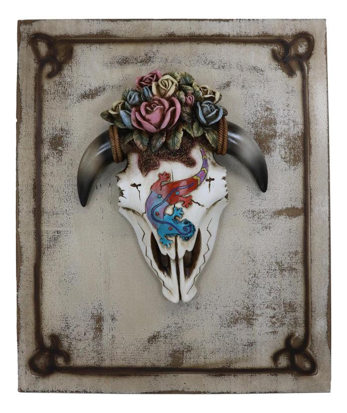 Rustic Western Lizard Gecko Cow Skull With Colorful Roses Wall Decor Plaque