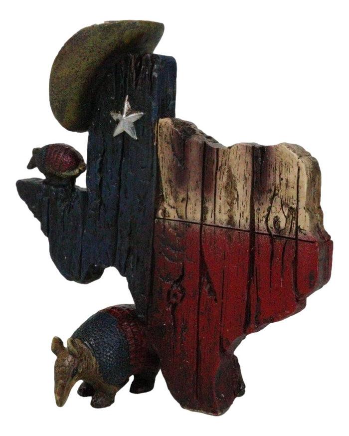 Rustic Western Lone Star State Texas Map With Armadillos And Cowboy Hat Figurine