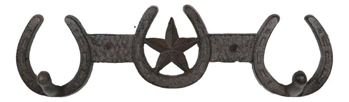 Rustic Western Lone Star With 3 Horseshoes Lucky Charm Double Wall Coat Hook