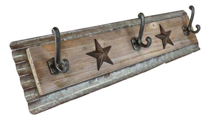 Rustic Western Lone Stars On Barn Wood Galvanized Metal 3-Peg Wall Hooks Plaque