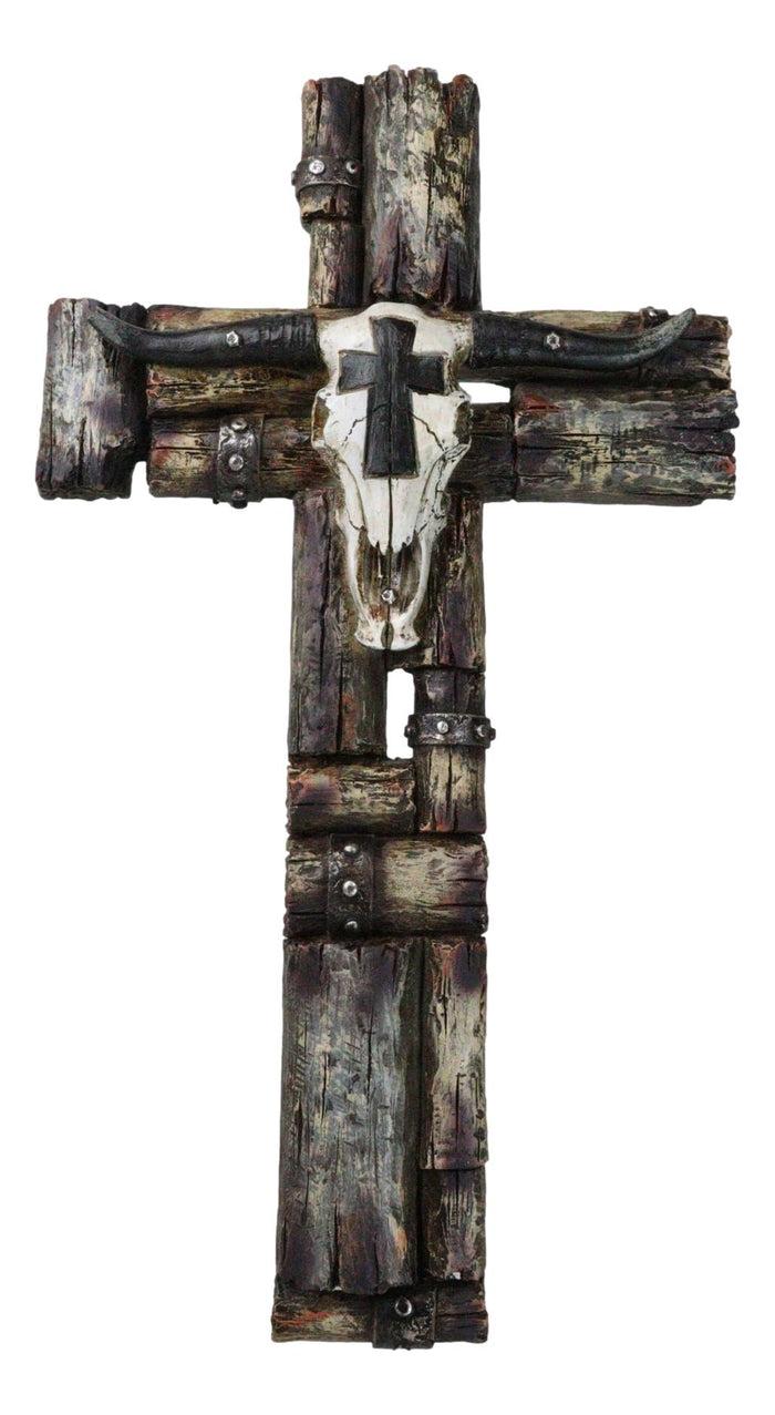 Rustic Western Longhorn Cow Skull On Faux Wood Barnyard Planks Wall Cross Rustic Western Longhorn Cow Skull On Faux Wood Barnyard Planks Wall Cross